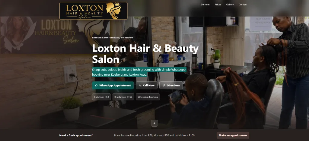 MiniPage business website for Loxton Hair & Beauty Salon